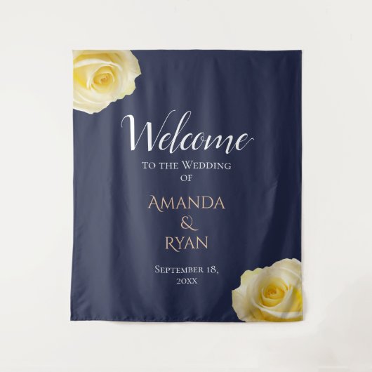 ブルーエレガントイエローローズフローラ結婚ズウェルカム タペストリー (正面)