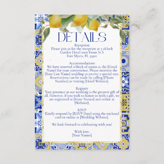 ブルーエレガントイタリアンタイルレモンのシトラス結婚ス エンクロージャーカード (正面)