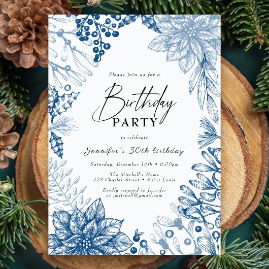 ブルーエレガントウィンタークリスマスバースデーパーティー 招待状