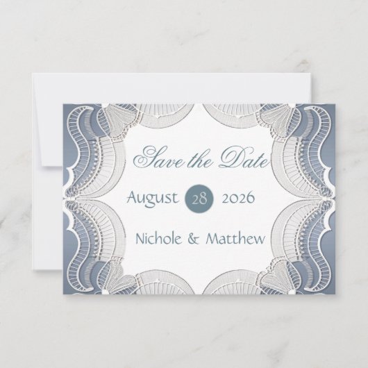 ブルーエレガントウェディングのレース日付カードを保存 (正面)