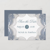 ブルーエレガントウェディングのレース日付カードを保存 (正面/裏面)