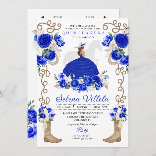 ブルーエレガントウエスタンチャロプリンセスキンセアニラ 招待状 (正面/裏面)