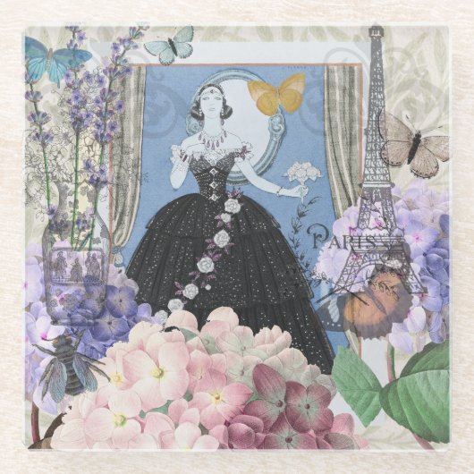 ブルーエレガントウーマンフローラファンシーガウン ガラスコースター (正面)