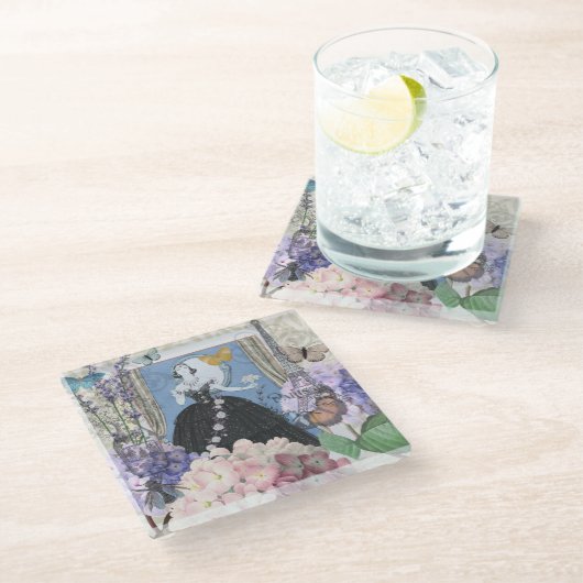 ブルーエレガントウーマン フローラルファンシーガウン ガラスコースター (アングル)