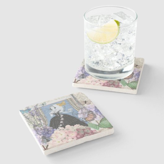 ブルーエレガントウーマン フローラルファンシーガウン ストーンコースター (横)