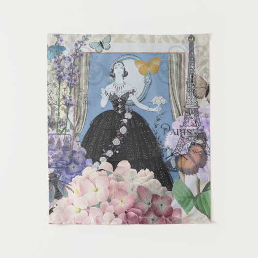 ブルーエレガントウーマン フローラルファンシーガウン タペストリー (正面)