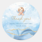 ブルーエレガントエンジェルボーイバプテスマ《キリスト教》洗礼式や命名式 ラウンドシール (正面)