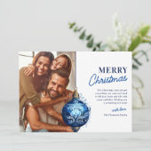 ブルーエレガントオーナメントフォトクリスマス シーズンカード (スタンド正面)