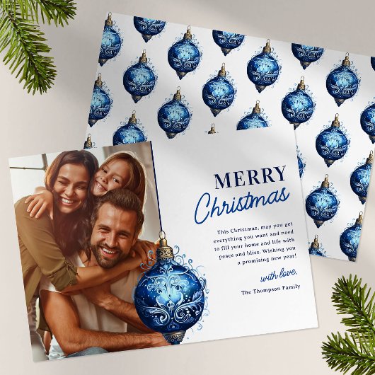 ブルーエレガントオーナメントフォトクリスマス シーズンカード