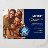 ブルーエレガントオーナメントフォトクリスマス 箔シーズンカード (正面)