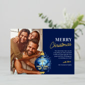 ブルーエレガントオーナメントフォトクリスマス 箔シーズンカード (立ち正面)