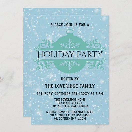 ブルーエレガントカンパニークリスマスホリデーパーティー雪 招待状 (正面/裏面)