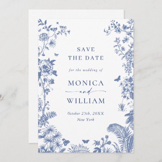 ブルーエレガントガフランスのーデンフローラ結婚ズ セーブザデート (正面/裏面)