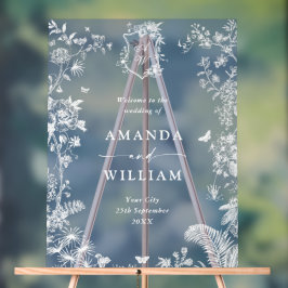 ブルーエレガントガーデンフランスのフローラ結婚ズ歓迎 アクリルサイン