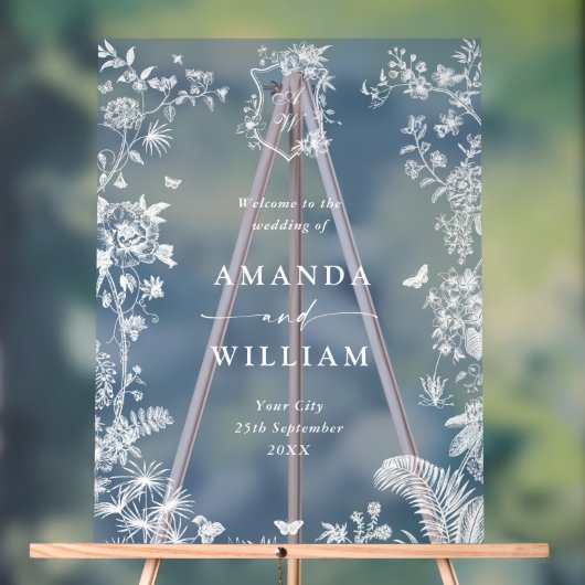 ブルーエレガントガーデンフランスのフローラ結婚ズ歓迎 アクリルサイン (ニュートラル)