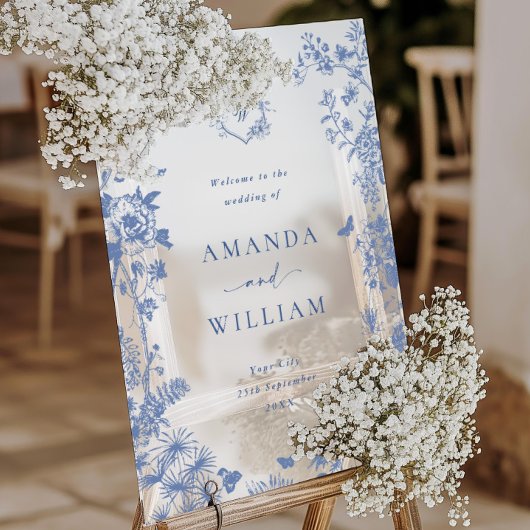 ブルーエレガントガーデンフランスのフローラ結婚ズ歓迎 アクリルサイン