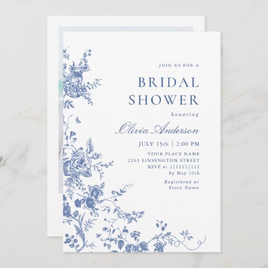 ブルーエレガントガーフランスのデンフローラブライダルシャワー 招待状 (正面/裏面)