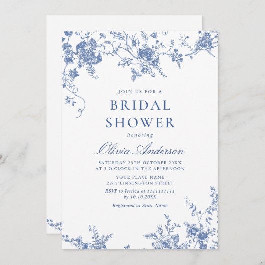 ブルーエレガントガーフランスのデンブライダルシャワーQRコード 招待状 (正面/裏面)