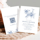 ブルーエレガントガーフランスのデンブライダルシャワーQRコード 招待状