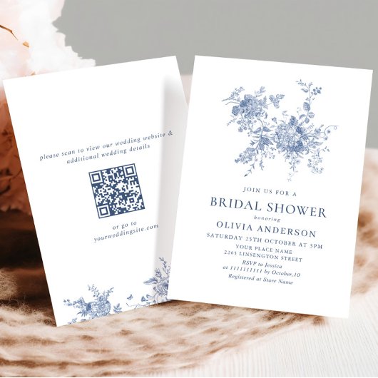ブルーエレガントガーフランスのデンブライダルシャワーQRコード 招待状