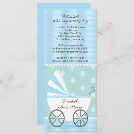 ブルーエレガントキャリッジボーイベビーシャワー招待状 招待状 (正面/裏面)