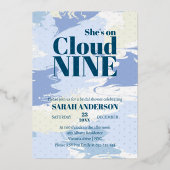 ブルーエレガントクラウドナインはっきりしたブライダルシャワーシルバー 箔招待状 (正面)