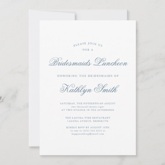 ブルーエレガントクラシックスクリプトブリデスメイドランチョン 招待状 (正面)