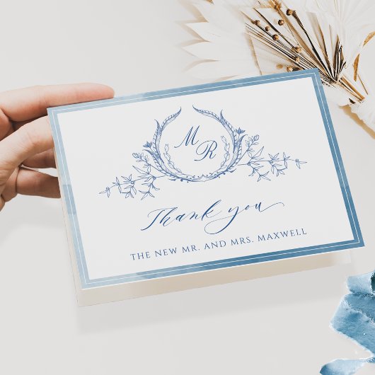 ブルーエレガントクラシックモノグラム、水色結婚ズ サンキューカード