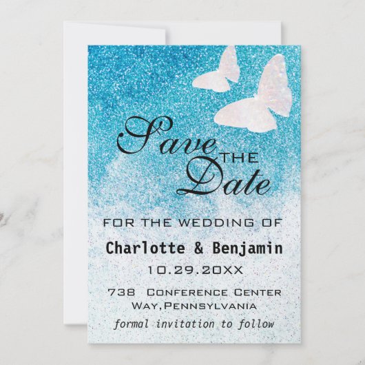 ブルーエレガントグリッター蝶の日付を保存 セーブザデート (正面)