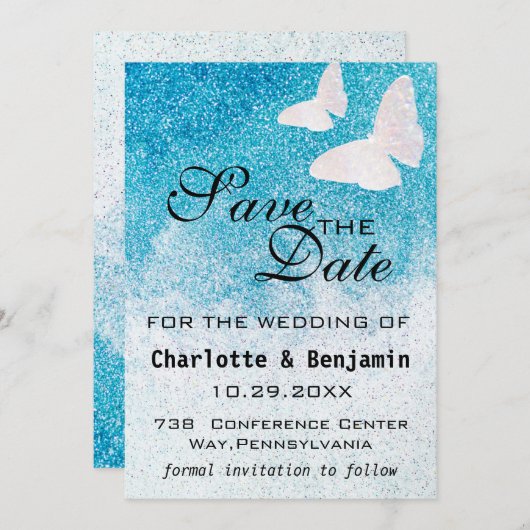 ブルーエレガントグリッター蝶の日付を保存 セーブザデート (正面/裏面)