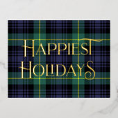 ブルーエレガントグリーンタータンチェッククリスマスフォトシルバー 箔シーズンポストカード (正面)