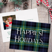 ブルーエレガントグリーンタータンチェッククリスマスフォトシルバー 箔シーズンポストカード