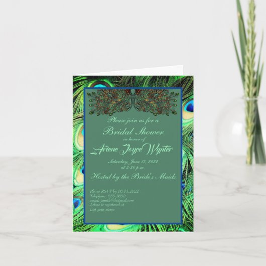 ブルーエレガントグリーンピーコック羽招待状 招待状 (正面)