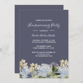 ブルーエレガントグレイフローラガーデン引っ越し祝いパーティー 招待状 (正面/裏面)