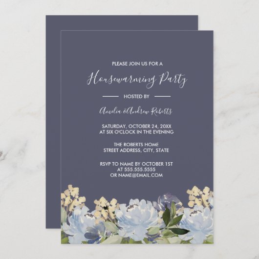 ブルーエレガントグレイフローラガーデン引っ越し祝いパーティー 招待状 (正面/裏面)