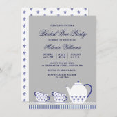 ブルーエレガントグレイフローラティーパーティーブライダルシャワー 招待状 (正面/裏面)