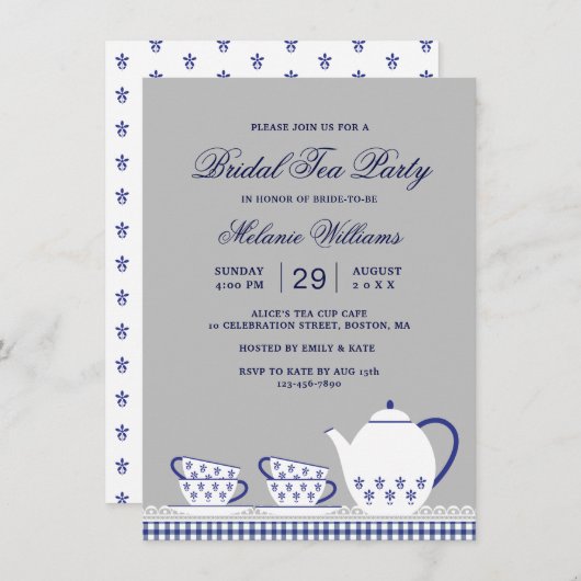 ブルーエレガントグレイフローラティーパーティーブライダルシャワー 招待状