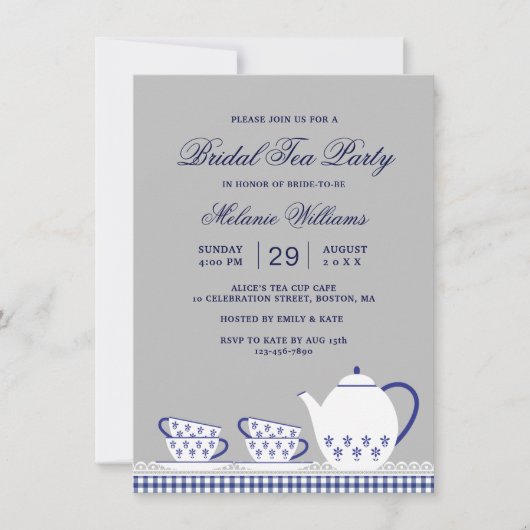 ブルーエレガントグレイフローラティーパーティーブライダルシャワー 招待状 (正面)