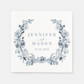ブルーエレガントグレイフローラ結婚リース紙 スタンダードカクテルナプキン (正面)