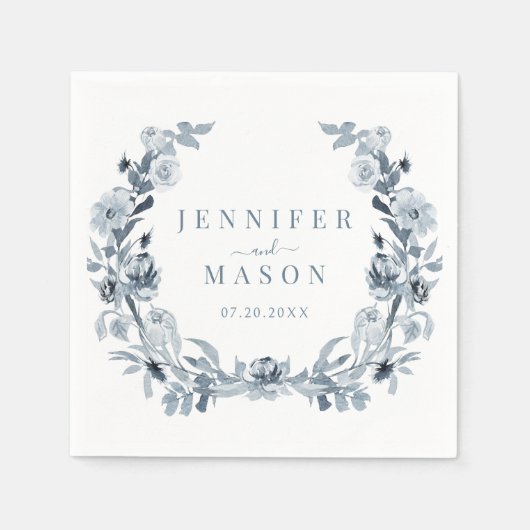 ブルーエレガントグレイフローラ結婚リース紙 スタンダードカクテルナプキン (正面)