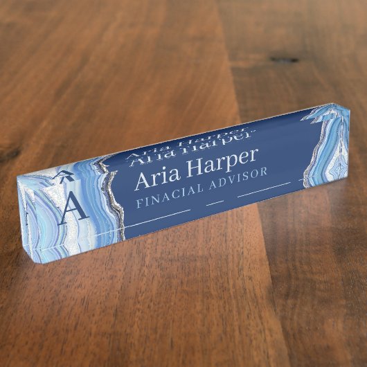 ブルーエレガントゲードシルバーグリッターアゲートモノグラム デスクネームプレート (側面)