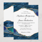 ブルーエレガントゴールドフォイル瑪瑙の水の色結婚の 招待状 (正面/裏面)