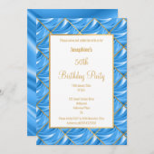 ブルーエレガントサテン金ゴールド誕生日招待状 招待状 (正面/裏面)