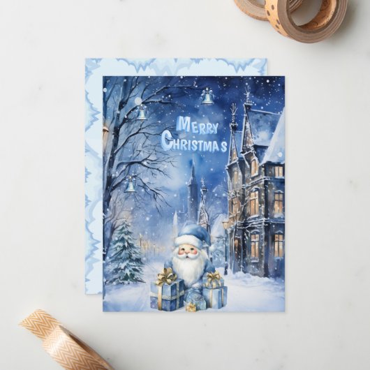 ブルーエレガントサンタウィンターワンダーランドクリスマス ノートカード (正面/裏面インサイチュ)