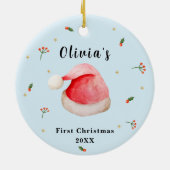 ブルーエレガントサンタハットベビー初のクリスマス セラミックオーナメント (裏面)