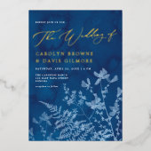 ブルーエレガントサンプリントボホ結婚ボタニカル金ゴールド 箔招待状 (正面)
