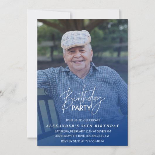 ブルーエレガントシャドー写真男性96th誕生日パーティー 招待状 (正面)