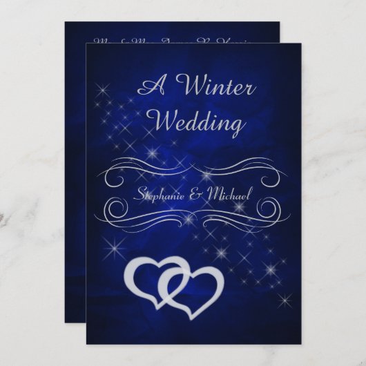 ブルーエレガントシルバーウィンターウェディング招待状 招待状 (正面/裏面)