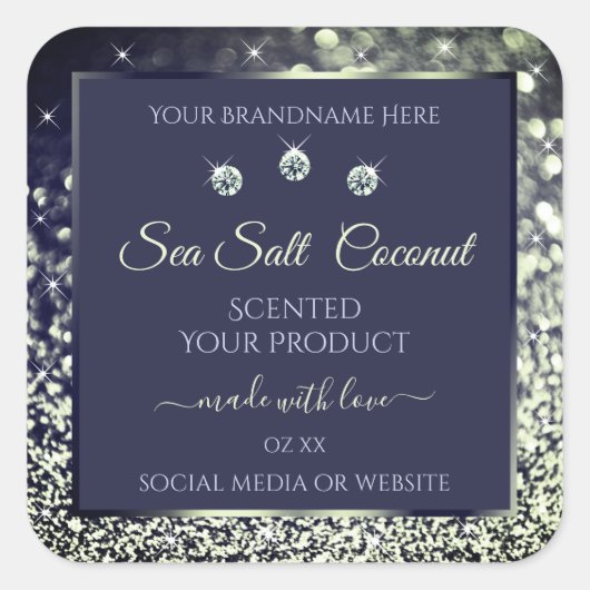 ブルーエレガントシルバーグリッター製品ラベル宝石 スクエアシール (正面)