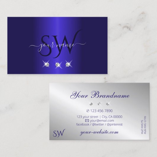 ブルーエレガントシルバーダイヤきらめくモンドイニシャル 名刺 (正面/裏面)